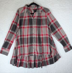 Free People Oversize Plaid Button-Front Tunic in Red, Black & Gray High Low